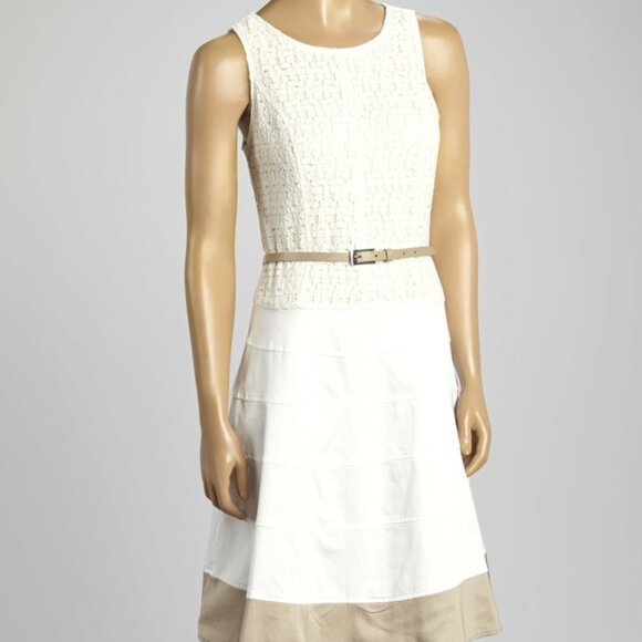 Sharagano Zipper Back Lined Crochet Dress Ivory/Taupe Size 16 NWT - Picture 1 of 9